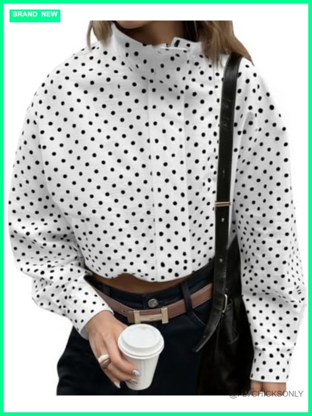 Womens Polka Dot Zip Up Cropped Jacket Oversized Long Sleeve